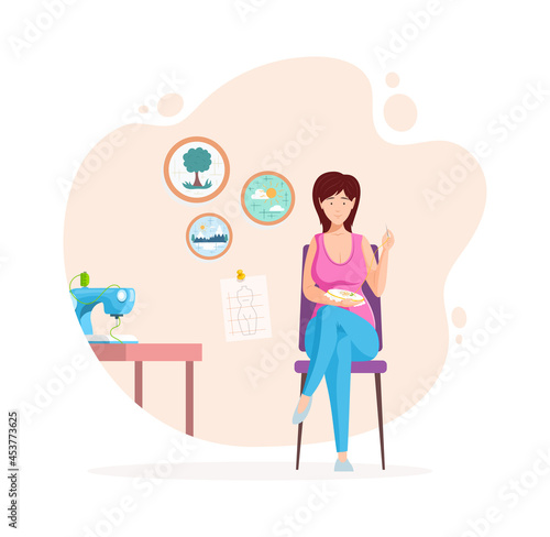 Female dressmaker sewing creative handmade clothes. Woman seamstress sewing cross stitch at home or atelier isolated