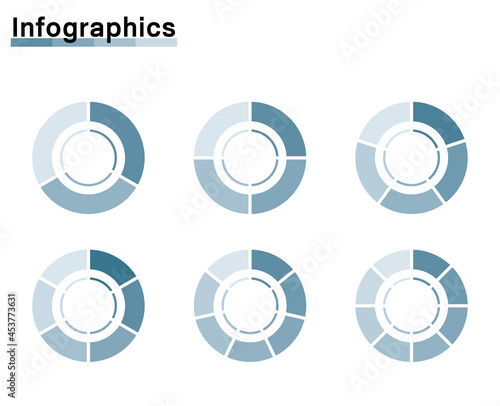 illustration set of colorful pie charts divided into 2 to 6 parts. Economy, charts, infographics.