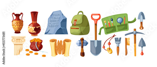 Set of archeology equipment and artifacts ancient. Digging tools excavation civilization exploration
