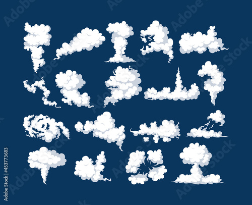 Smoke clouds, fume, explosion effects set. Comic smog, dust streaming, curve fluffy explode