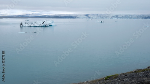 Jokulsarlon Glacier Lagoon in Iceland with icebergs and clear water