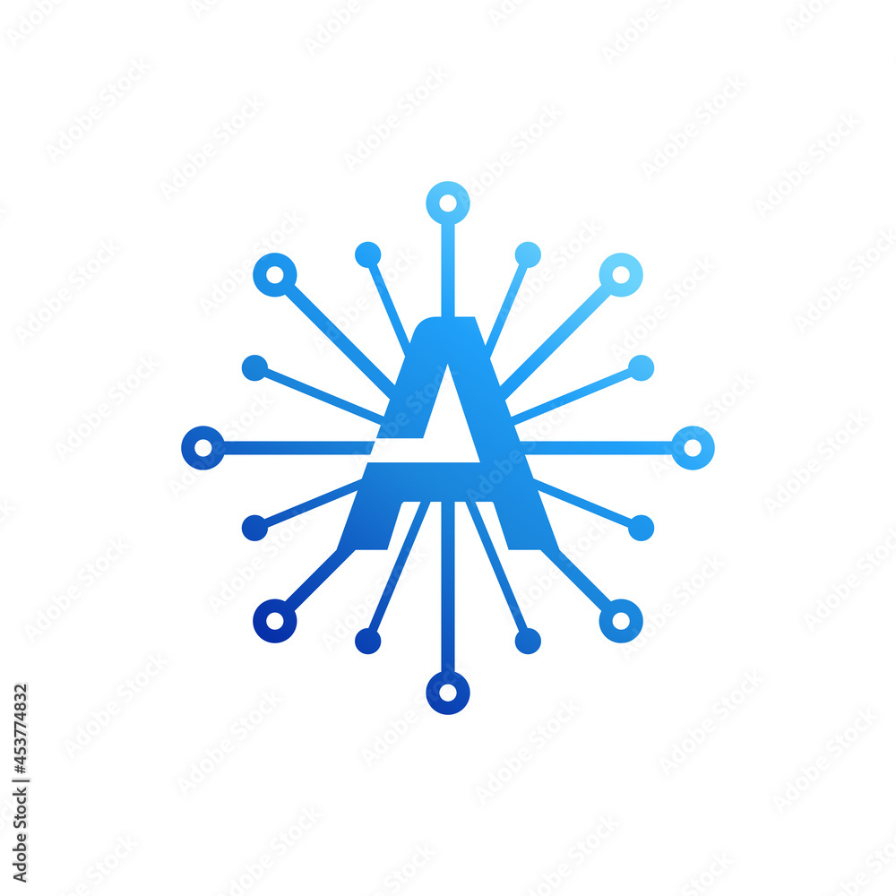Letter a technology logo designs, Letter a connect dot network logo design vector. Letter a technology logo designs, Letter a connect dot network logo design vector.