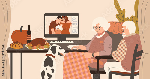 Thanksgiving with family online. Grandfather and grandmother have a festive dinner chatting with children. Flat vector illustration