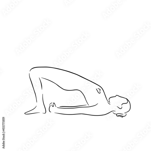 Stylized woman in yoga bridge pose, setu bandha sarvangasana. Vector line art style illustration. Vector asana for vishuddha chakra, design elements for yoga and meditation school