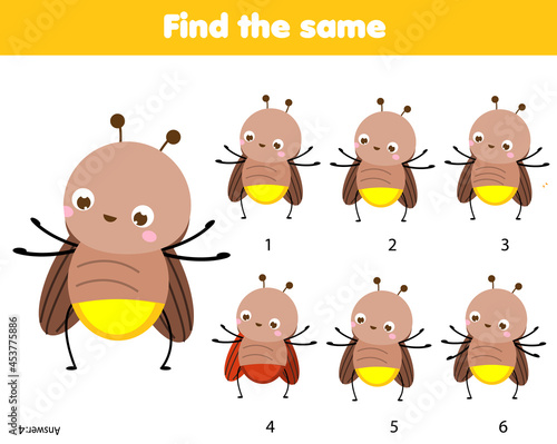 Children educational game. Find two same pictures of cute firefly