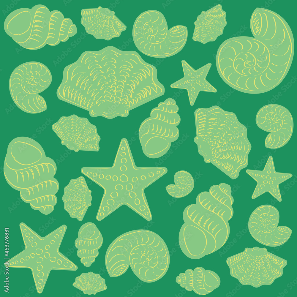 Trendy pattern with hand drawing sea creatures shells and starfish ...