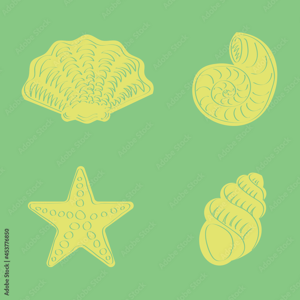 Set of hand drawing sea creatures shells and starfish in outline and flat style