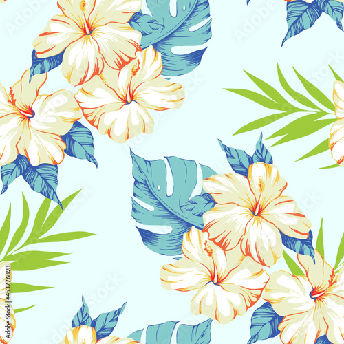 Aloha hawaii flower pattern. Summer hibiscus, plumeria, orchid, monstera pattern. Hawaiian summer pattern on white background. Tropical flowers print for wallpaper or fabric.