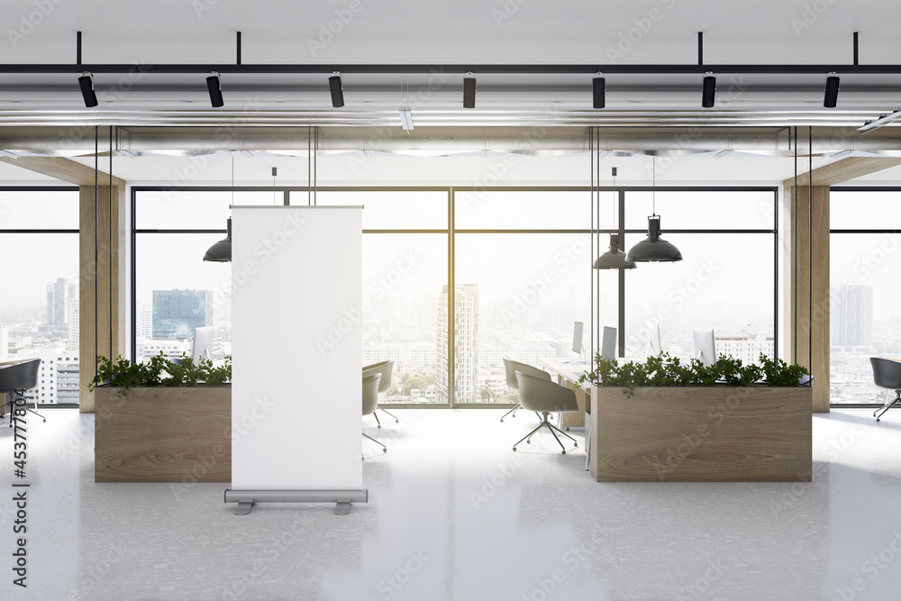 Modern coworking office interior with empty white mock up poster, plants in decorative wooden planters, window with city view, furniture, equipment and daylight. 3D Rendering. - obrazy, fototapety, plakaty 