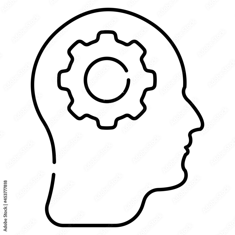Gear inside mind, linear design icon of brain development