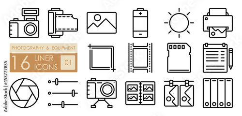 Equipment for photography and film processing. Printing of finished photos. Camera, film, memory card, lens. Set of simple linear icons