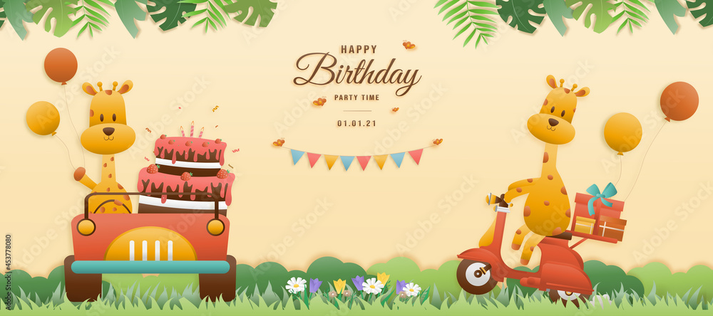 Obraz premium Greeting card Cute birthday A giraffe drives a car and a giraffe rides a motorcycle. jungle animals celebrate children's birthdays and template invitation paper cut and papercraft style vector.