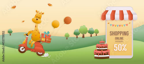 Online shop banners discount jungle animals Birthday Themes. Celebration voucher Happy birthday. decorating with an animal on scooter paper cut, and papercraft style vector illustrator.