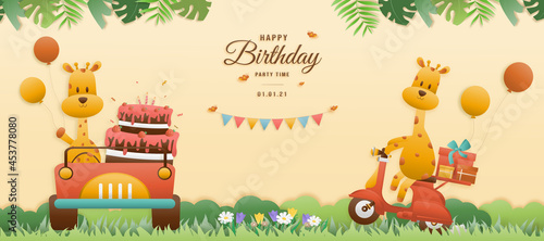 Greeting card Cute birthday A giraffe drives a car and a giraffe rides a motorcycle. jungle animals celebrate children's birthdays and template invitation paper cut and papercraft style vector.