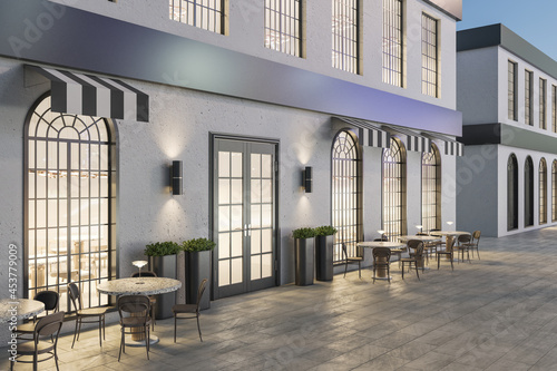 Contemporary concrete cafe exterior with terrace furniture at night. 3D Rendering.