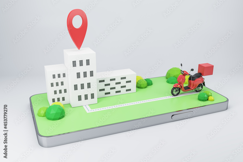 Abstract smartphone with map, moped and location mark on white background. Delivery, technology and online purchase concept. 3D Rendering. Abstract smartphone with map, moped and location mark on white background. Delivery, technology and online purchase concept. 3D Rendering.