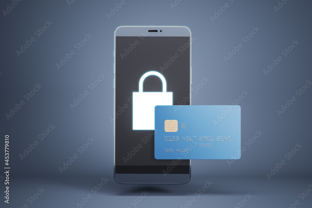 Abstract smartphone with padlock and credit card on gray background. Online purchase and web security concept. 3D Rendering. Abstract smartphone with padlock and credit card on gray background. Online purchase and web security concept. 3D Rendering.