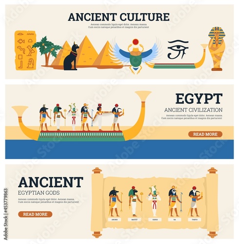 Banners set of Egyptian culture and antiquity with gods and landmarks of ancient Egypt, flat vector illustration. Flyers or horizontal posters collection.