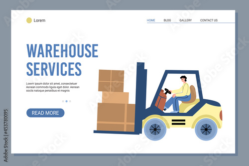 Warehouse and logistics website with forklift truck flat vector illustration.