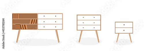 Set of furniture for the bedroom, hallway, living room, office. Vector illustration in flat cartoon style. Chest of drawers, bedside table, bookshelf.