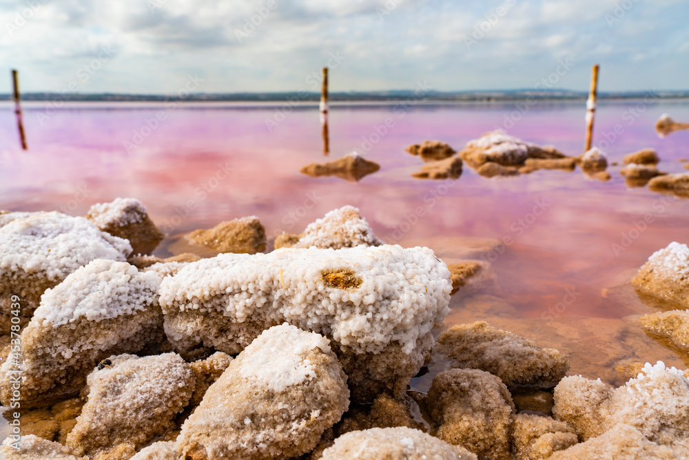 Salty rocks at the Torrevieja Pink Lake at Natural Park de Las Lagunas de La Mata e Torrevieja, Alicante Spain