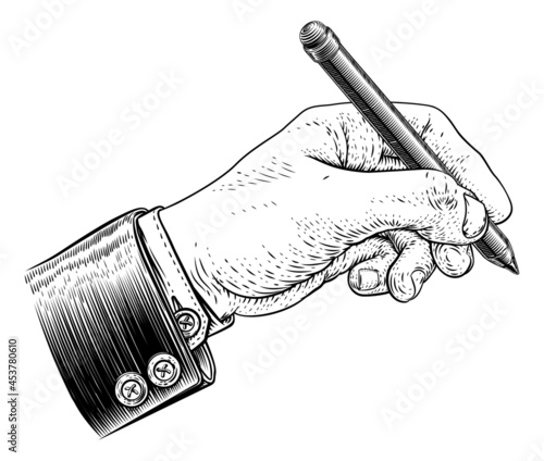 Pencil Hand Suit Vintage Etched Woodcut Print