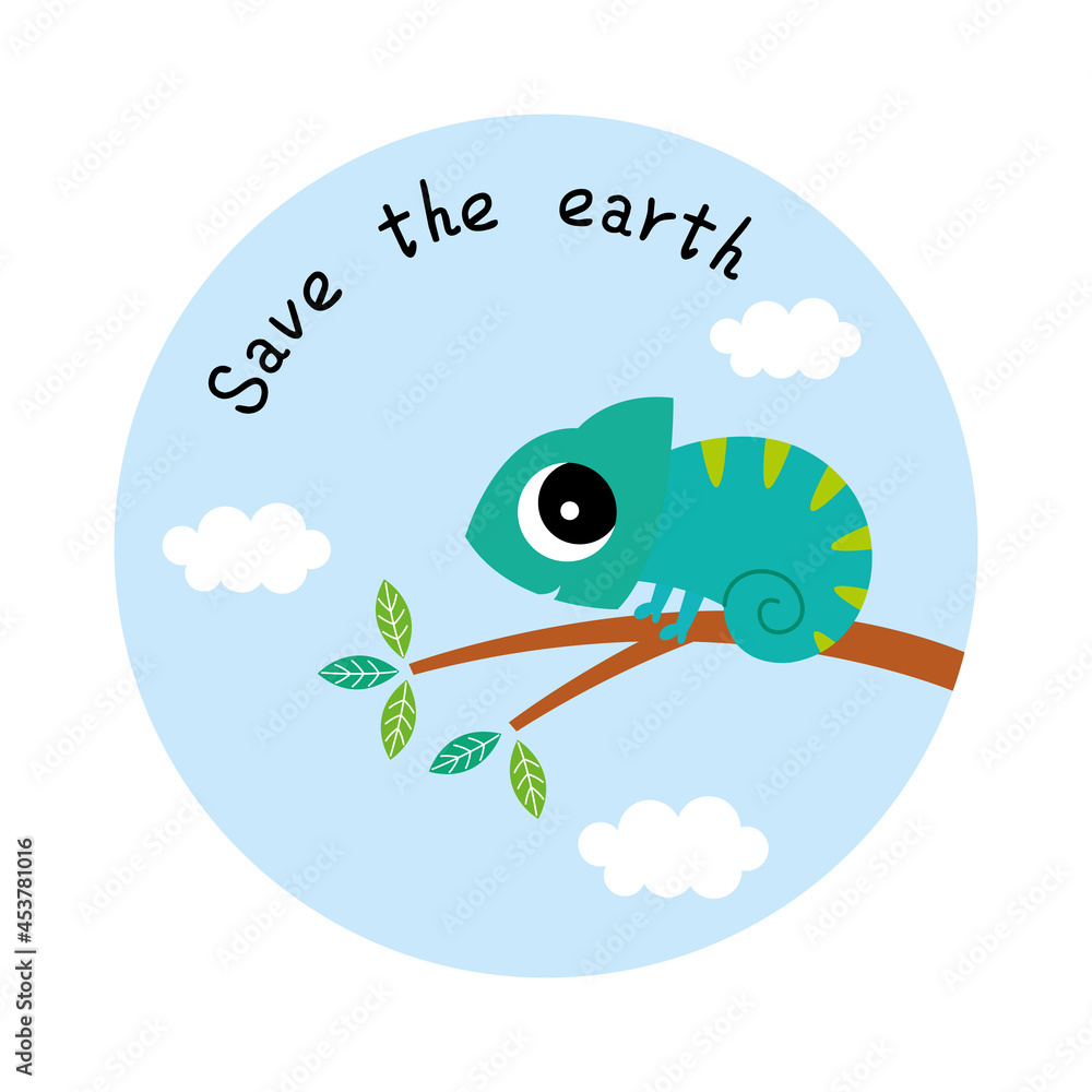 cute chameleon save the earth sticker vector cute chameleon save the earth sticker vector