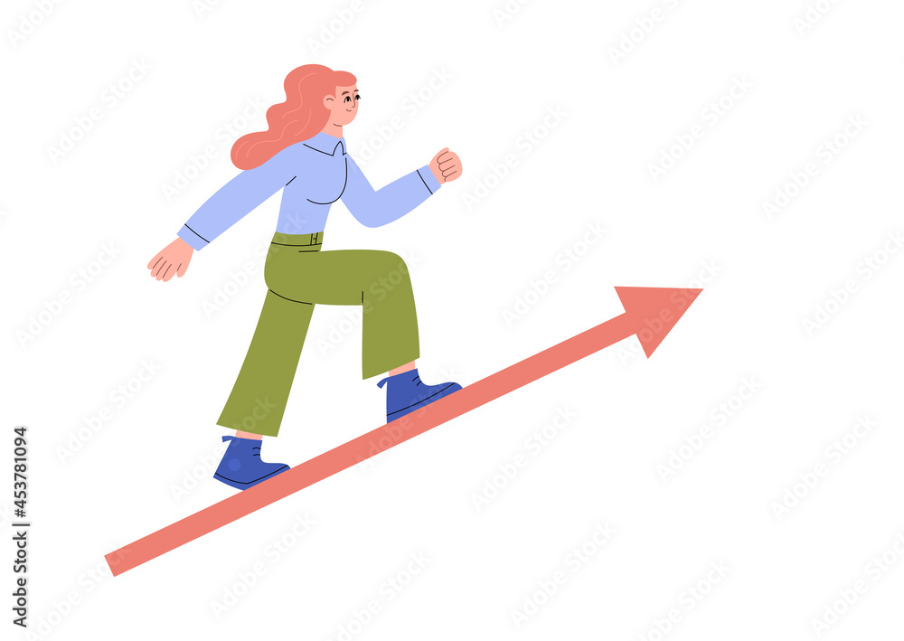 Woman raising on graph arrow, flat vector illustration isolated on white. Woman raising on graph arrow, flat vector illustration isolated on white.