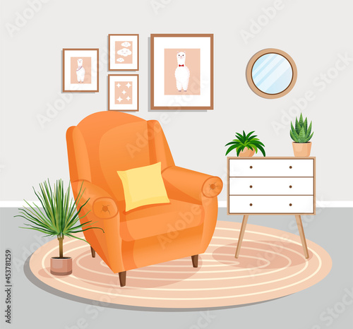 Cute gray interior with modern furniture and plants. Design of a cozy living room with soft armchair, plants, pictures, carpet, mirror, dresser. Vector flat style illustration.