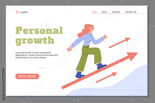 Landing page with text professional growth and woman striving forward and upward. Vector flat illustration for professional growth web template.