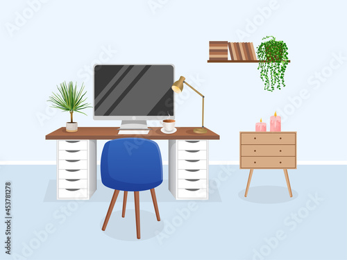 Cozy workplace with houseplants. Modern interior for home office with computer, cabinet, remote work, freelance, education. Vector illustration in flat cartoon style. Comfortable workspace and room.