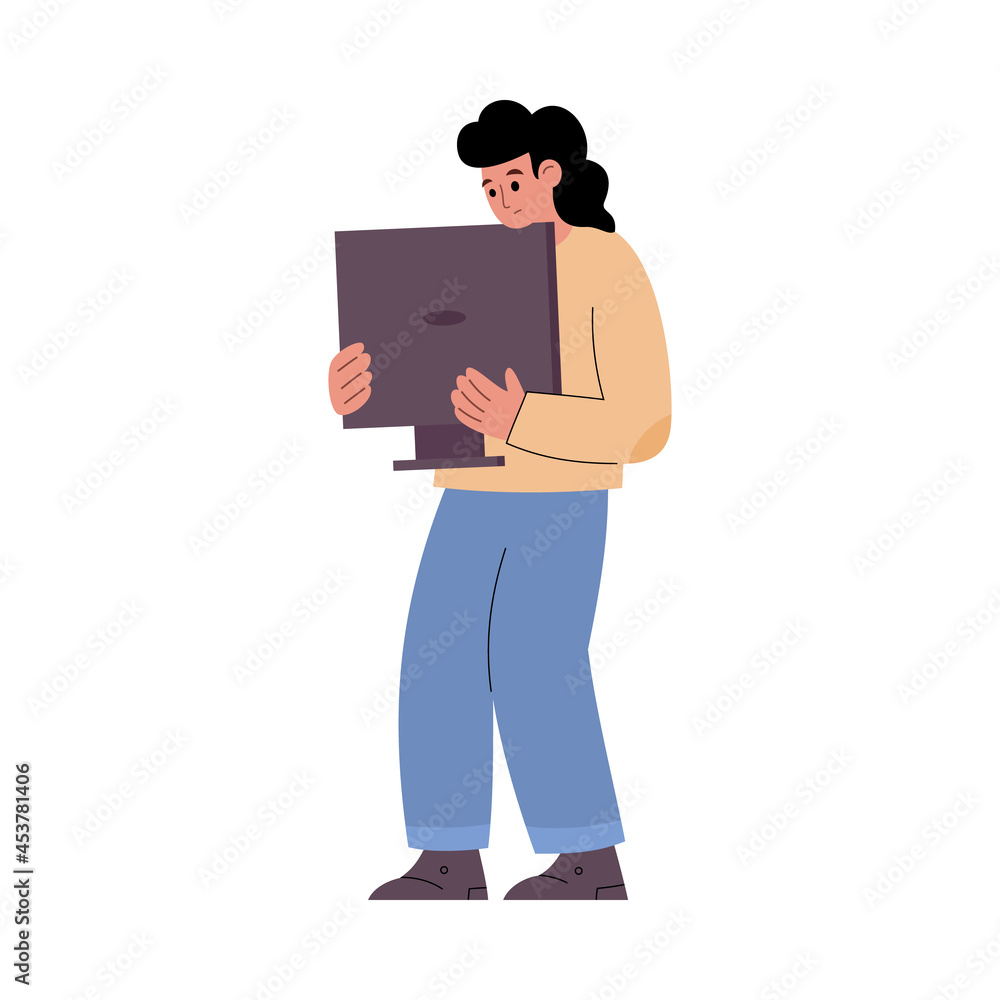Repairman holding broken computer display cartoon vector illustration isolated. Repairman holding broken computer display cartoon vector illustration isolated.