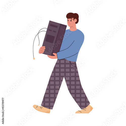 Man carrying broken computer in hands cartoon flat vector illustration isolated.