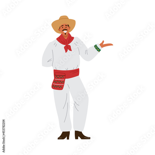 Fototapeta Mexican man dressed as Mexican peasant, flat vector illustration isolated