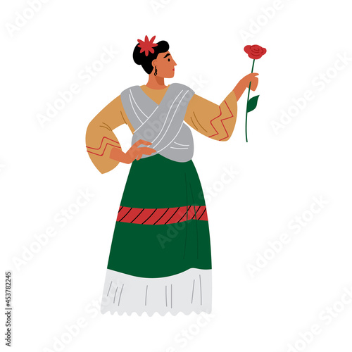 Mexican woman in dress holding flower, flat cartoon vector illustration.