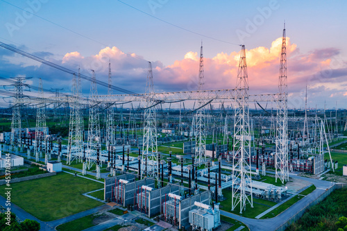 Aerial view of a high voltage substation. photo