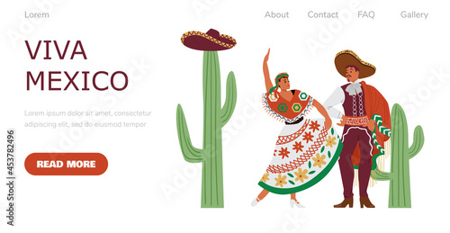 Viva Mexico website with people in folk costumes, flat vector illustration.