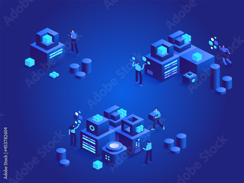 Development from beginnings abstract isometric concept. Improvement of technology, innovation, progress, system complication, expansion of business. Vector character illustration in isometric design