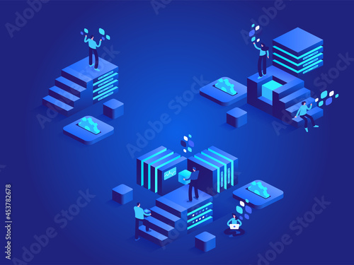 Development from beginnings abstract isometric concept. Improvement of technology, innovation, progress, system complication, expansion of business. Vector character illustration in isometric design