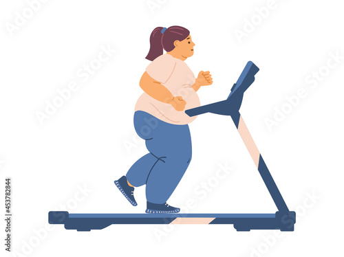 Fat young woman with overweight running on treadmill in gym for lose weight