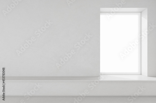 3d render of empty concrete room with large window on white background.