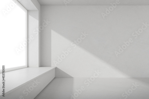 3d render of empty concrete room with large window on white background.