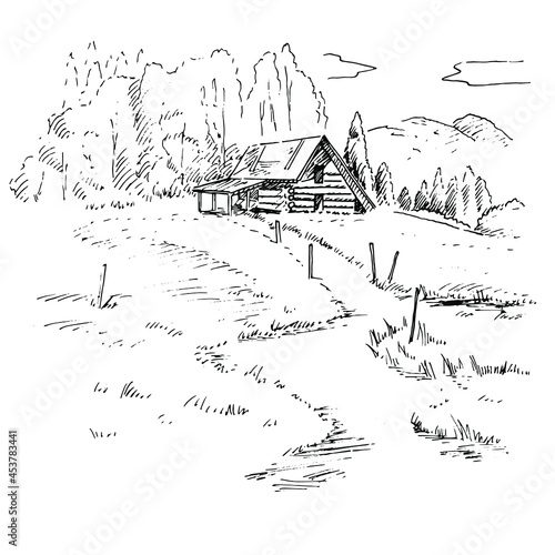 Rural scenery landscape panorama of countryside pastures. Green grass field on small hills. Vector sketch illustration
