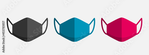 Cloth face mask in different colors. Realistic Black, blue and pink protective mask. Coronavirus prevention equipment template. Face mask required or mandatory. Vector illustration, flat, clip art.