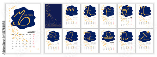 Astrology Wall Monthly Calendar 2022. Vertical photo calendar Layout for 2022 year in English with zodiac signs, star, moon on blue sky. Cover Calendar, 12 months templates. Monday week start. Vector