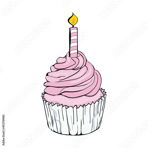 Pink birthday celebration cupcake line icon with candle symbol.
