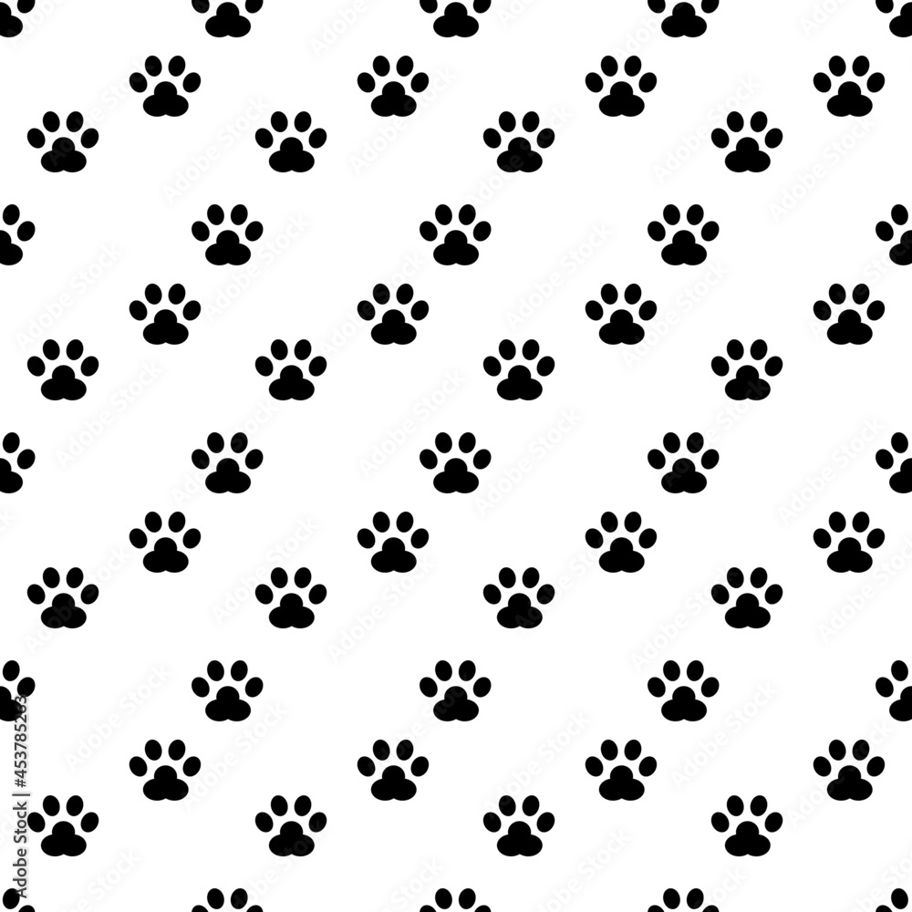 black cute footprint of paws cat or dog pet flat vector icon seamless pattern.