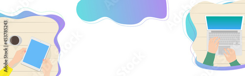Hands using a laptop and hands using a tablet on a white desk. coffee, vector illustration, landscape, web header, footer, banner, copy space, white desk, abstract colorful background, office, work