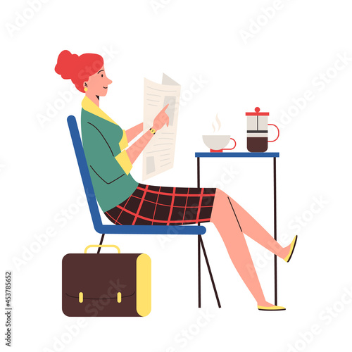 Woman enjoying her morning newspaper, flat vector illustration isolated.