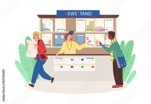 People buying newspapers in newsstand flat cartoon vector illustration isolated.